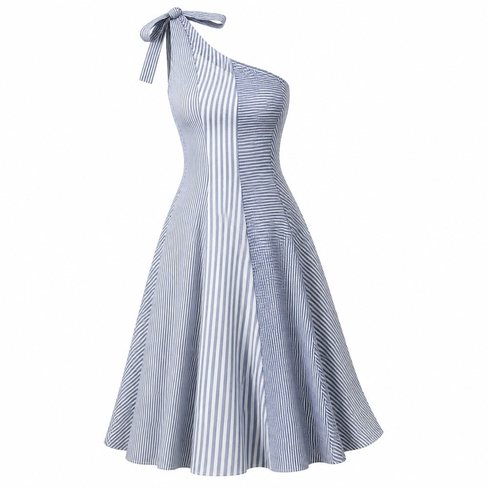Theory Liberik C-Taff Stripe‎ One Shoulder Dress Womens 6 Blue White Asymmetric